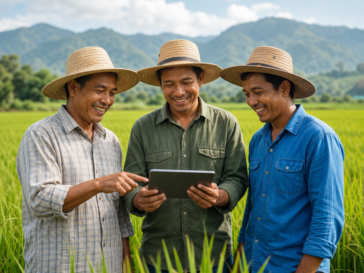 Filipino farmers reviewing farm data on a tablet