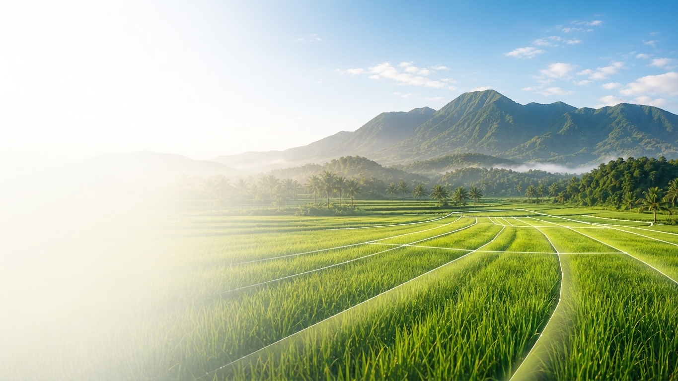 Bright Philippine rice field and mountain landscape for digital agriculture