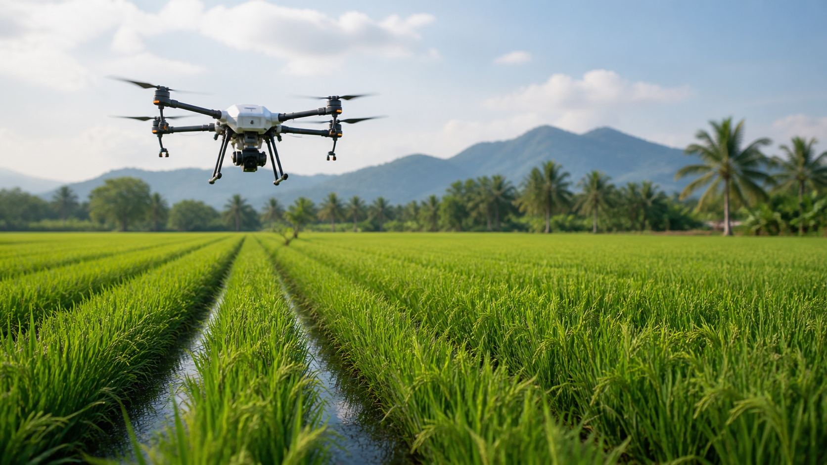 Agricultural drone monitoring a rice field