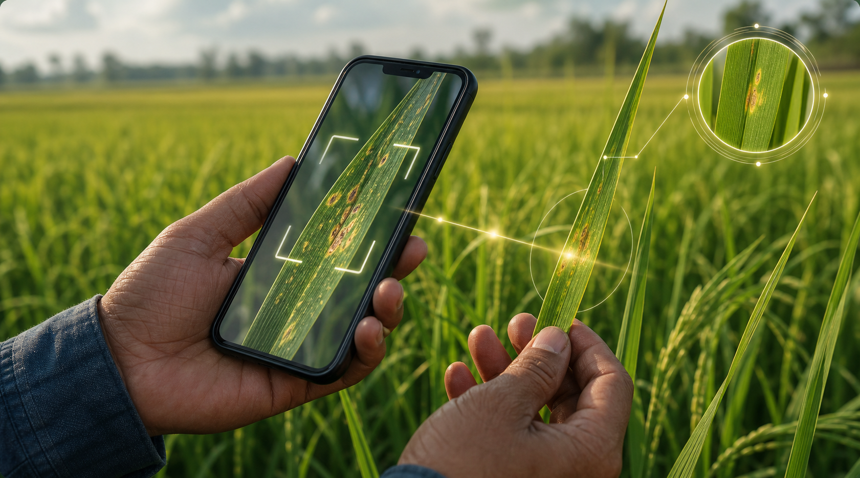 Mobile phone scanning a rice leaf for AI plant diagnosis