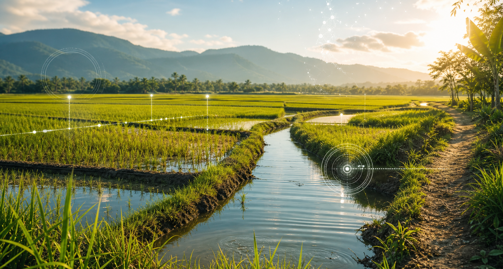 Climate-smart rice field irrigation with sustainability monitoring overlays