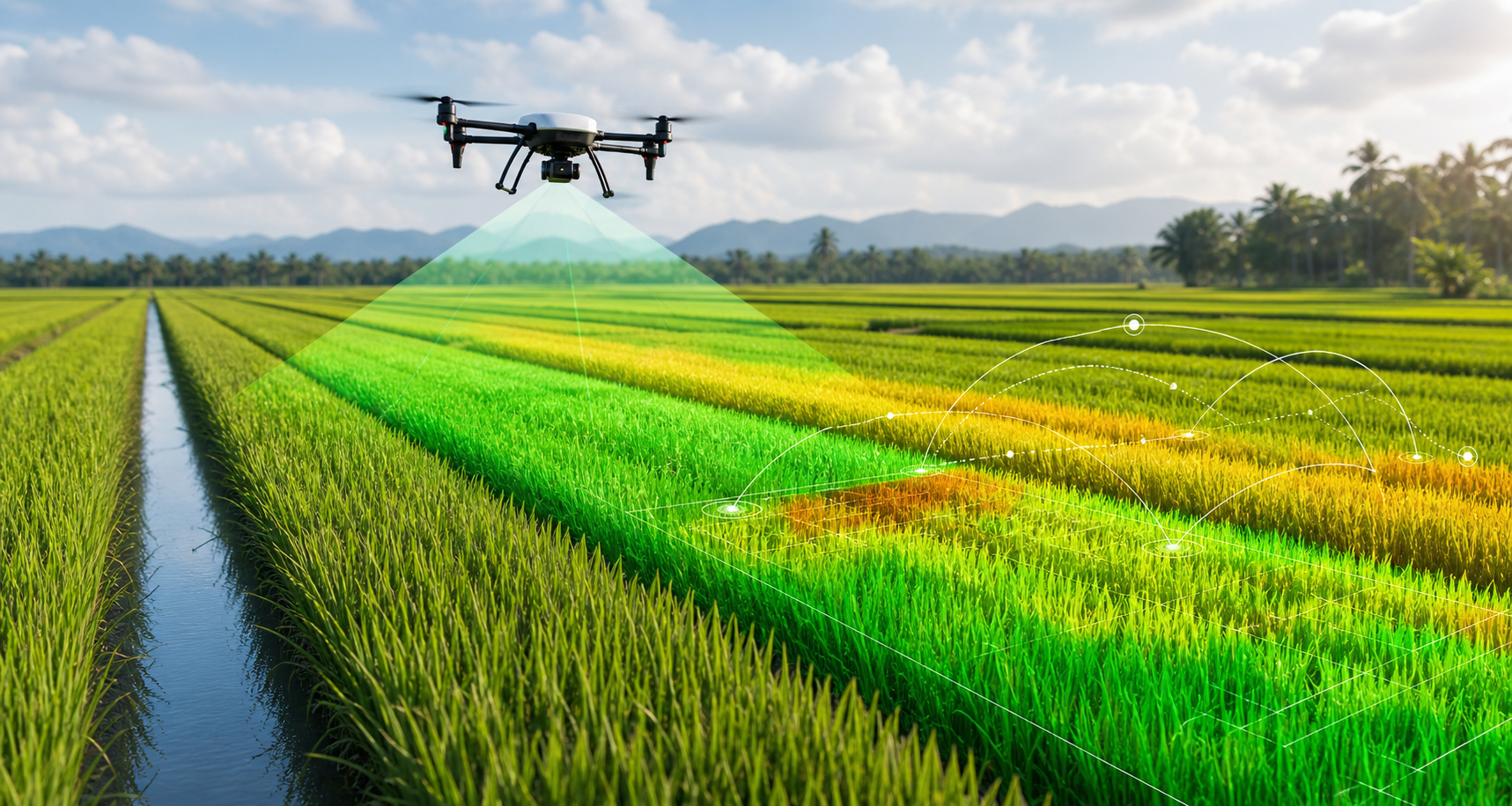 Drone scanning a rice field with precision agriculture overlays